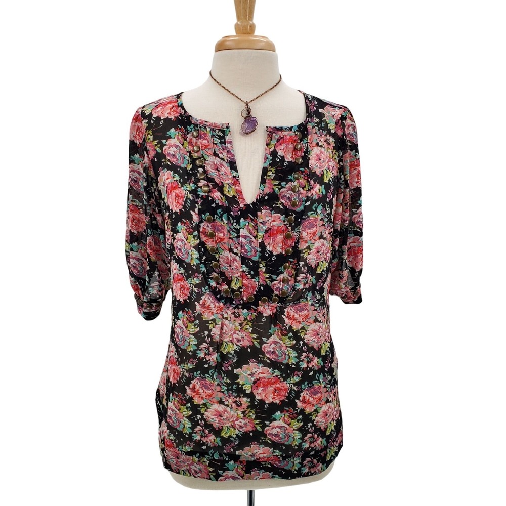 Angie Womens Floral Sheer V-Neck Blouse Top Sz L Short Sleeve Beaded Accents